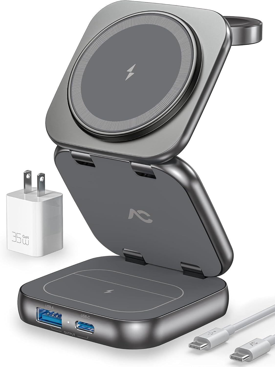 3-in-1 Magnetic Foldable Wireless Charger Stand with USB-C Adapter – MagSafe Compatible