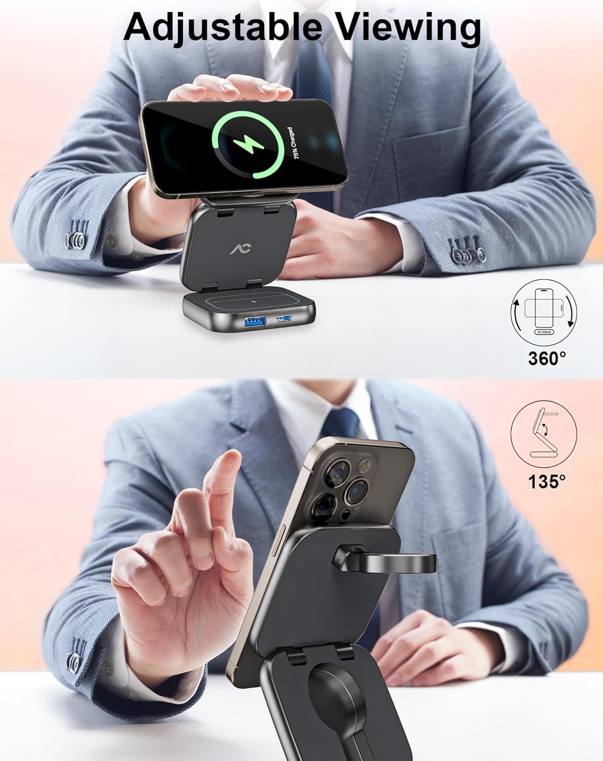 3-in-1 Magnetic Foldable Wireless Charger Stand with USB-C Adapter – MagSafe Compatible