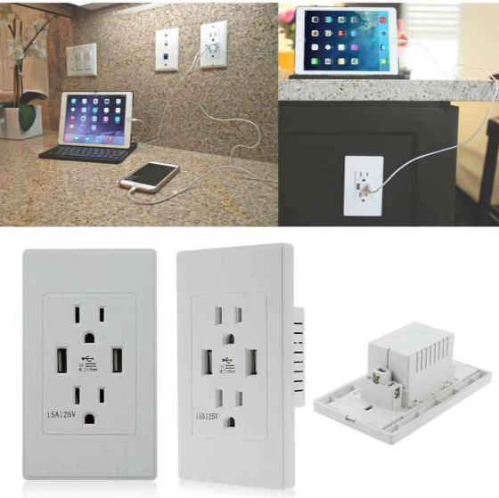 Smart Dual USB Wall Socket – US Plug with AC Outlets & Surge Protection (White)