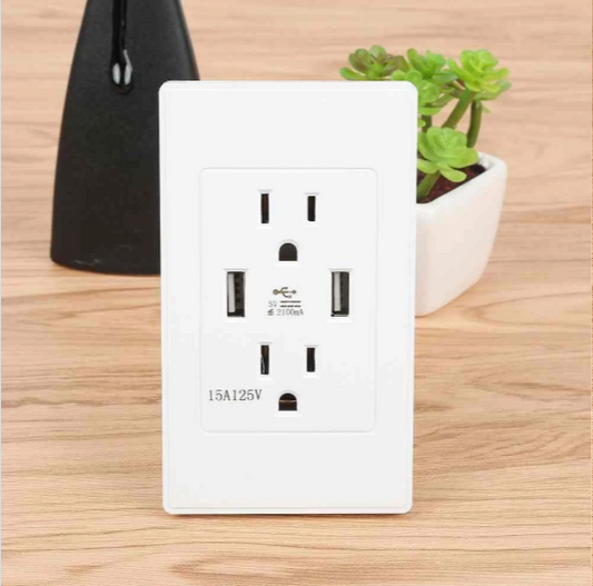 Smart Dual USB Wall Socket – US Plug with AC Outlets & Surge Protection (White)