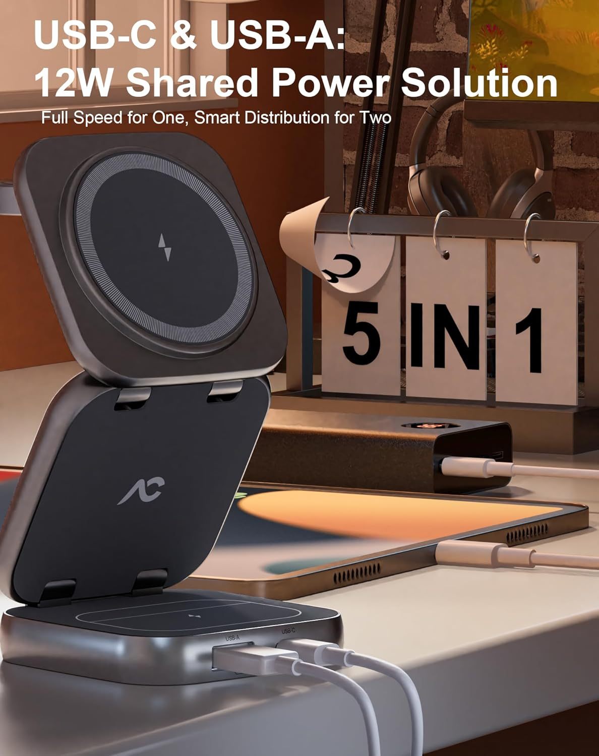 3-in-1 Magnetic Foldable Wireless Charger Stand with USB-C Adapter – MagSafe Compatible